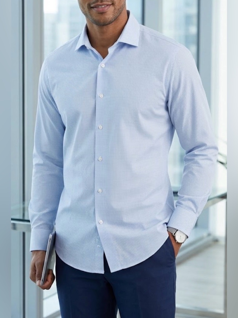Perry Ellis Light Blue Micro-Check Dress Shirt [16.5 34/35]